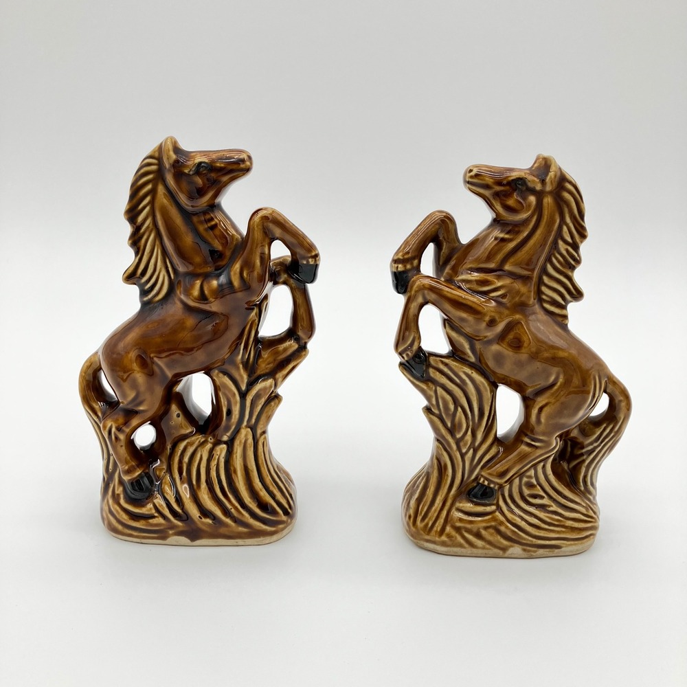 Ceramic Rearing Horse Figurines Set 2 8.25in Brown MCM Vintage Stallion